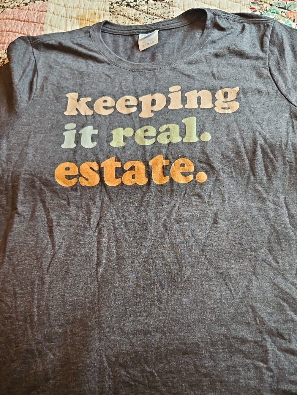 'Keeping It Real. Estate.' Graphic Tee - Gray with Pastel Text